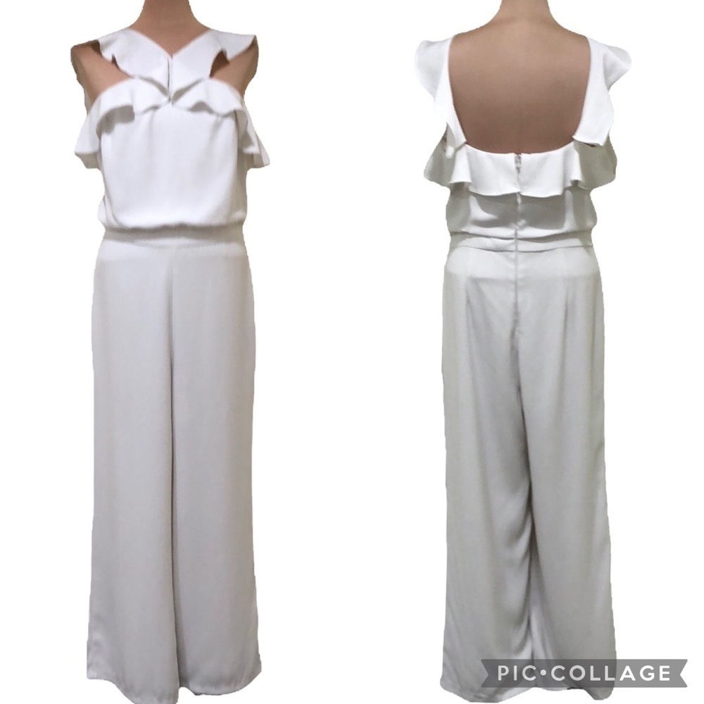 Anthropologie ML Monique Lhuillier Bissell Ruffle White Jumpsuit Size 14
